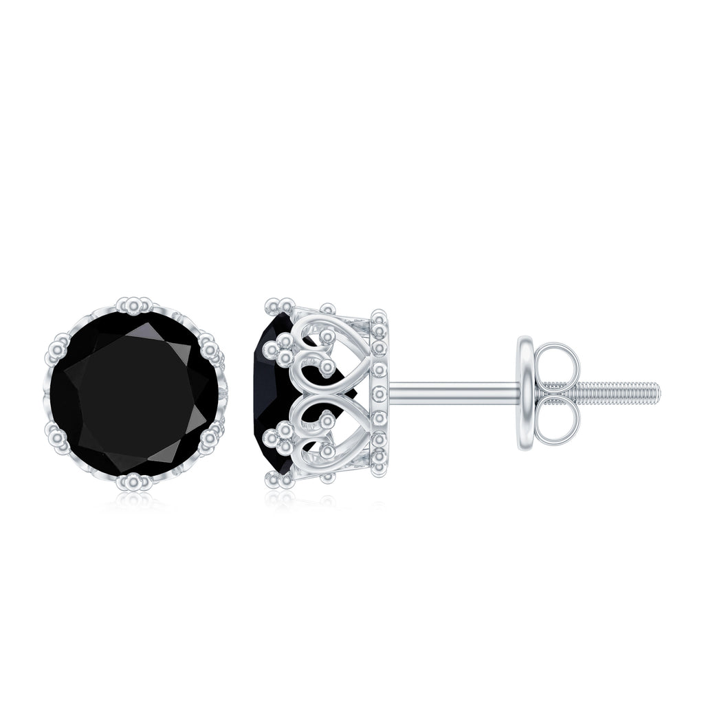 7 MM Black Spinel Solitaire Crown Stud Earrings Black Spinel - ( AAA ) - Quality - Rosec Jewels