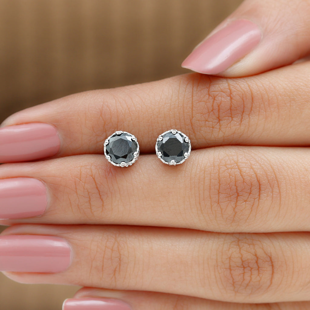 7 MM Black Spinel Solitaire Crown Stud Earrings Black Spinel - ( AAA ) - Quality - Rosec Jewels