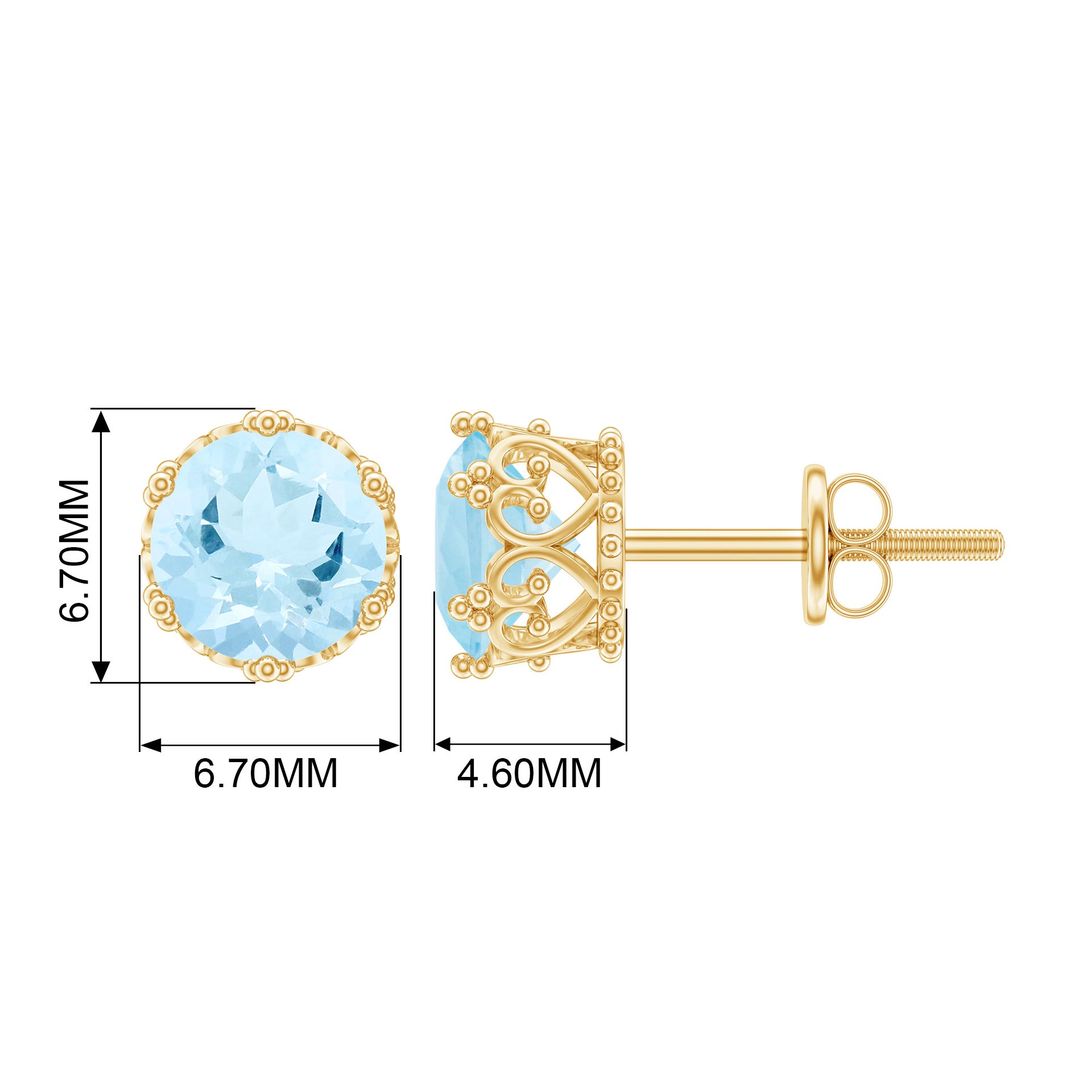6 MM Aquamarine Solitaire Crown Stud Earrings Aquamarine - ( AAA ) - Quality - Rosec Jewels