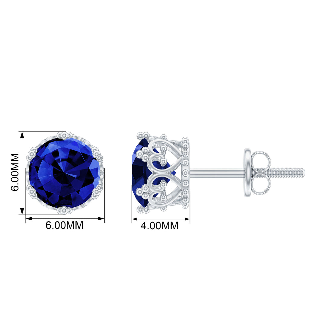 2 CT Created Blue Sapphire Solitaire Gold Crown Stud Earrings Lab Created Blue Sapphire - ( AAAA ) - Quality - Rosec Jewels