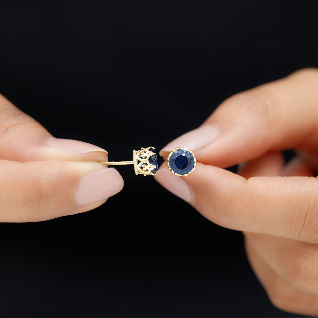 2 CT Created Blue Sapphire Solitaire Gold Crown Stud Earrings Lab Created Blue Sapphire - ( AAAA ) - Quality - Rosec Jewels