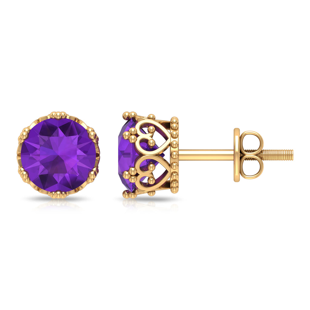 7 MM Round Cut Real Amethyst Solitaire Crown Stud Earrings Amethyst - ( AAA ) - Quality - Rosec Jewels