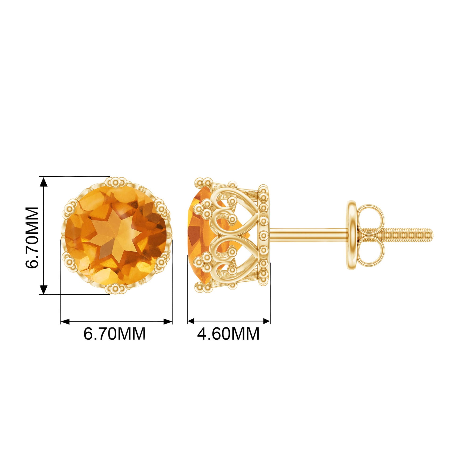 6 MM Citrine Solitaire Crown Stud Earrings Citrine - ( AAA ) - Quality - Rosec Jewels