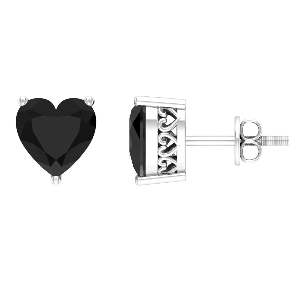 Heart Shape Black Onyx Solitaire Stud Earrings in 3 Prong Setting