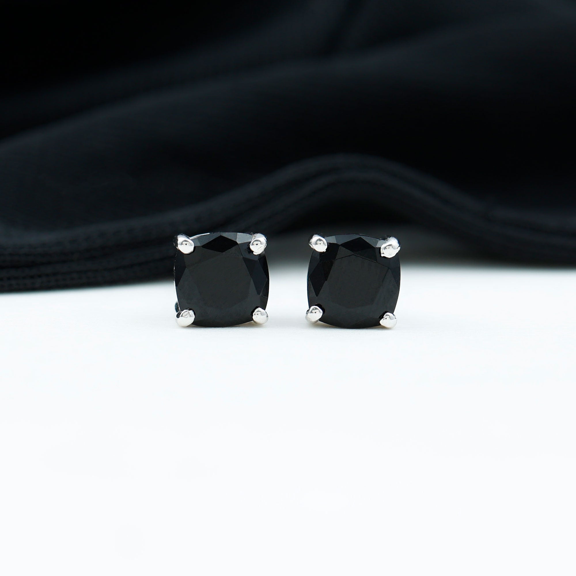 Cushion Shape Black Onyx Solitaire Stud Earrings Black Onyx - ( AAA ) - Quality - Rosec Jewels