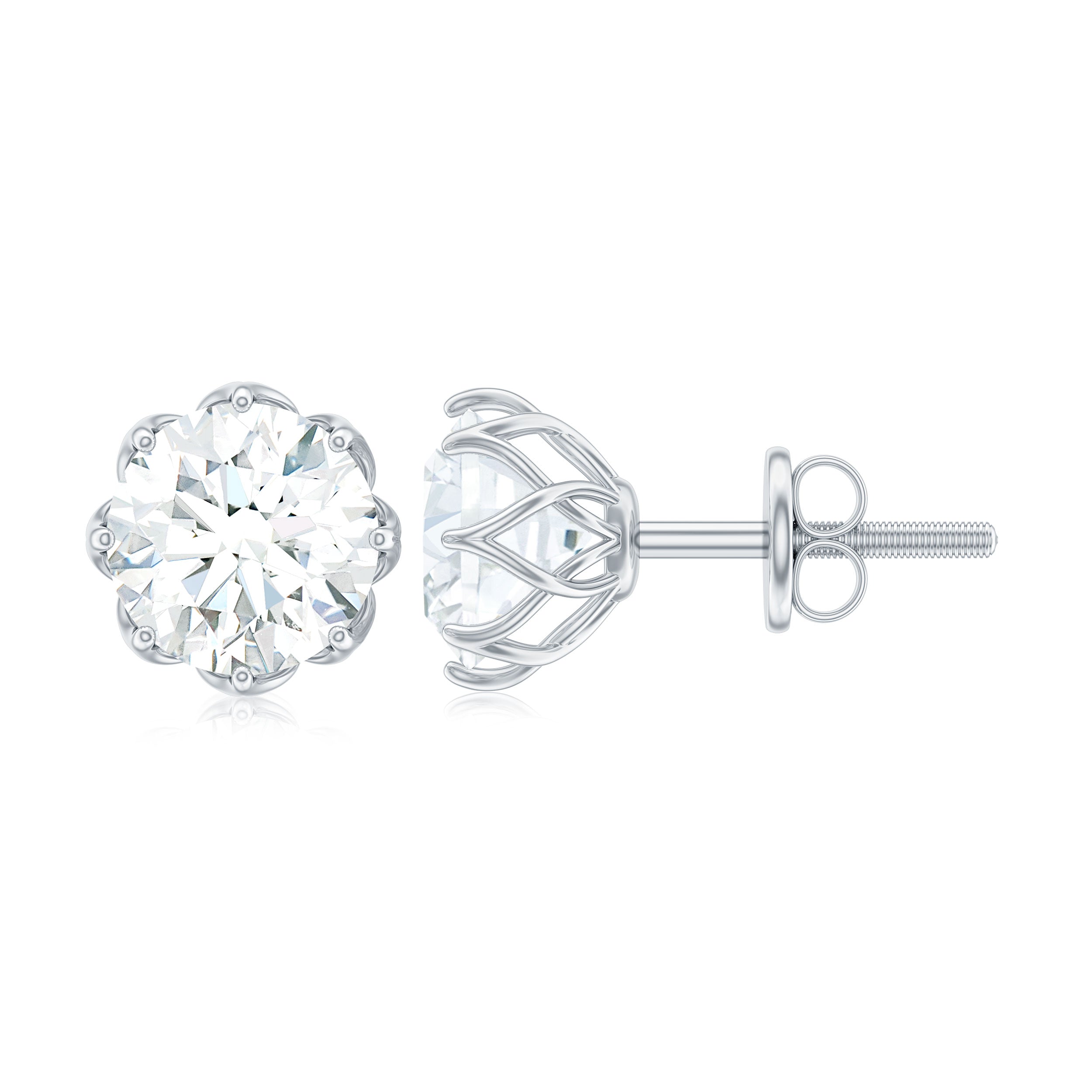 Round Certified Moissanite Solitaire Stud Earrings in Decorative Setting Moissanite - ( D-VS1 ) - Color and Clarity - Rosec Jewels
