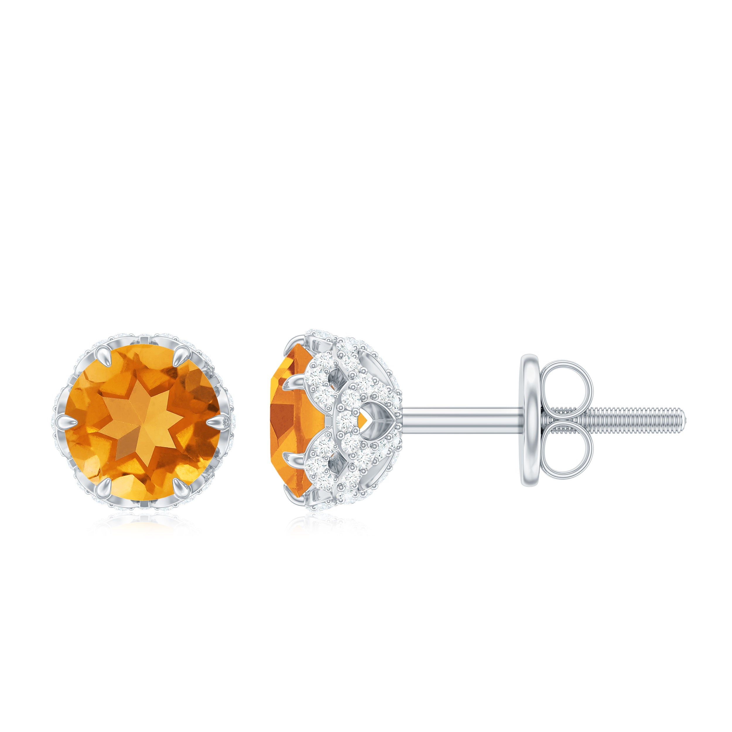 Lotus Basket Set Citrine Solitaire Stud Earrings With Diamond Accent Citrine - ( AAA ) - Quality - Rosec Jewels