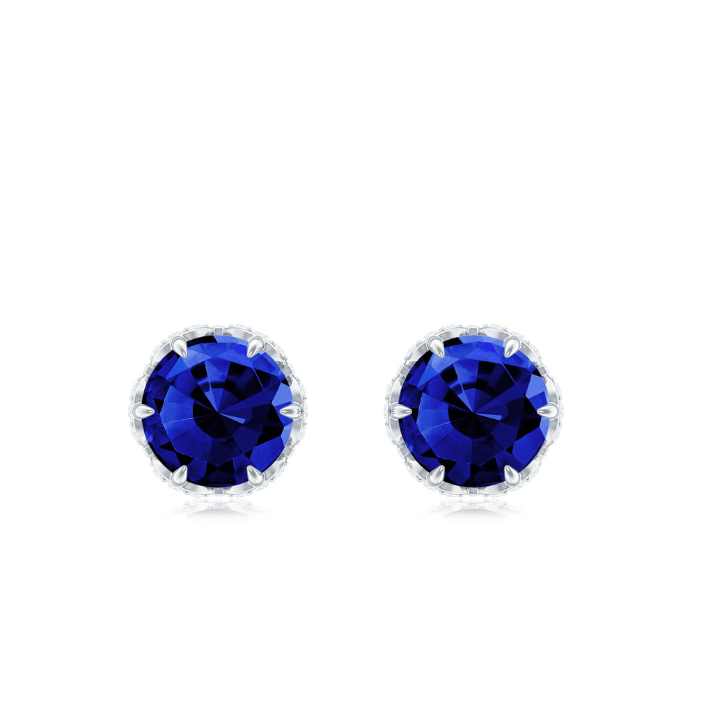 Designer Created Blue Sapphire Solitaire Stud Earrings with Diamond Accent Lab Created Blue Sapphire - ( AAAA ) - Quality - Rosec Jewels