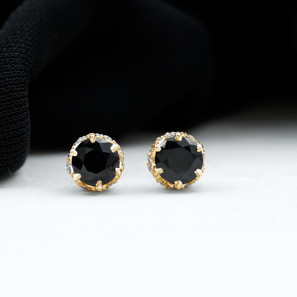 5 MM Black Diamond Solitaire and Diamond Flower Stud Earrings Black Diamond - ( AAA ) - Quality - Rosec Jewels