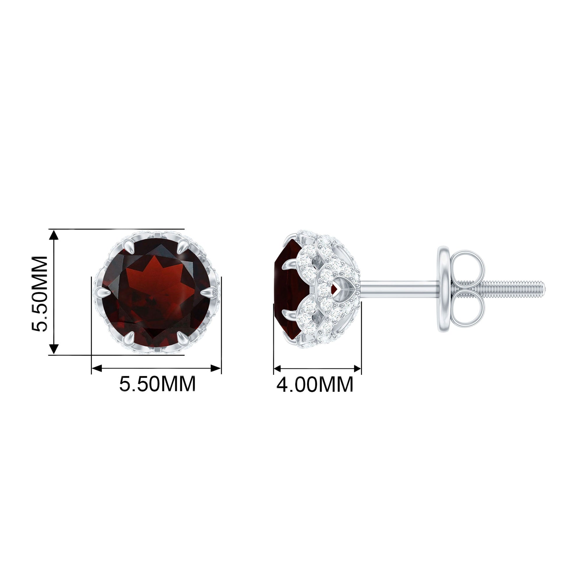 5 MM Garnet Solitaire Stud Earrings with Diamond Accent Garnet - ( AAA ) - Quality - Rosec Jewels