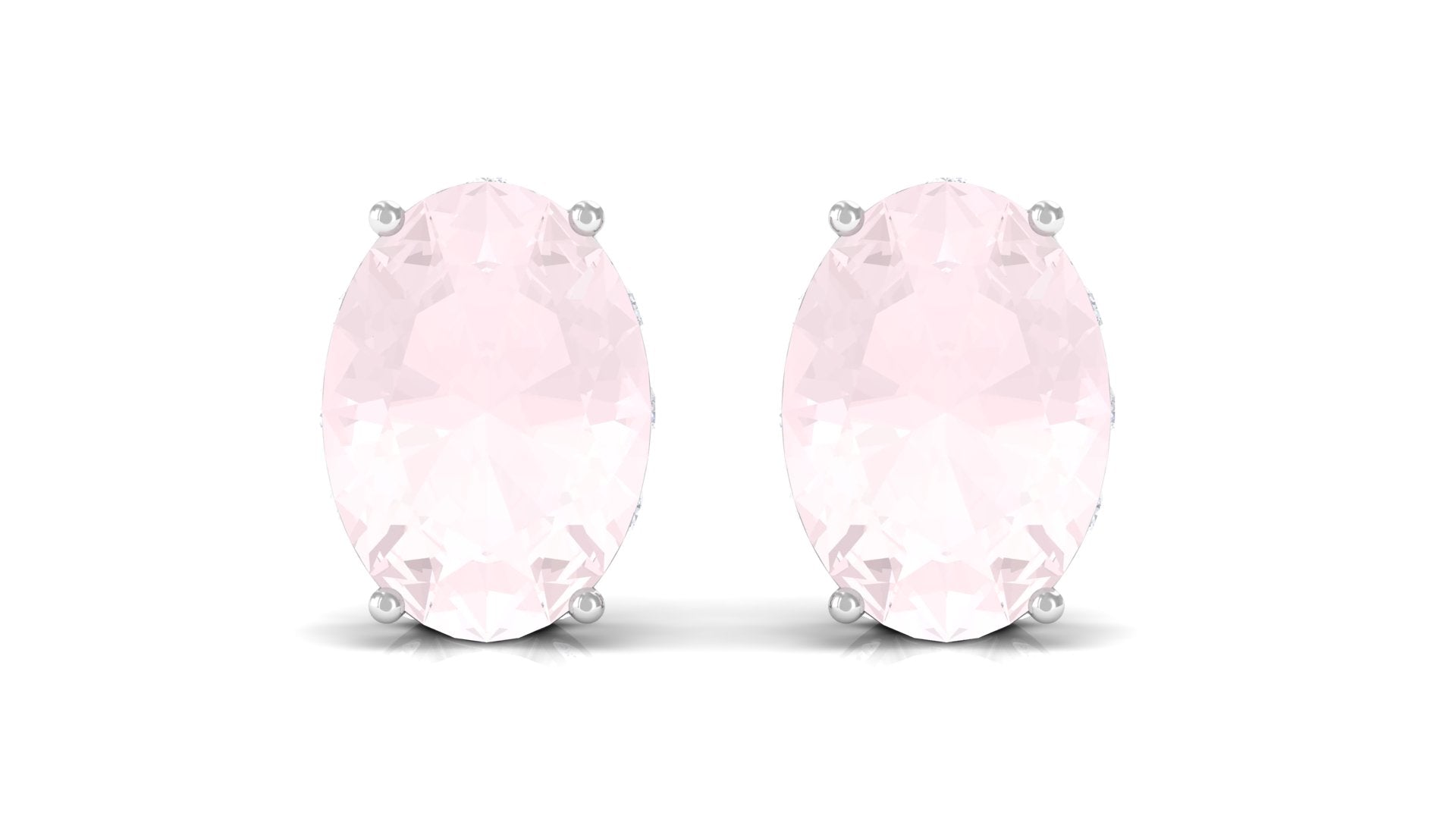 Rose Quartz Oval Stud Earrings with Diamond Rose Quartz - ( AAA ) - Quality - Rosec Jewels