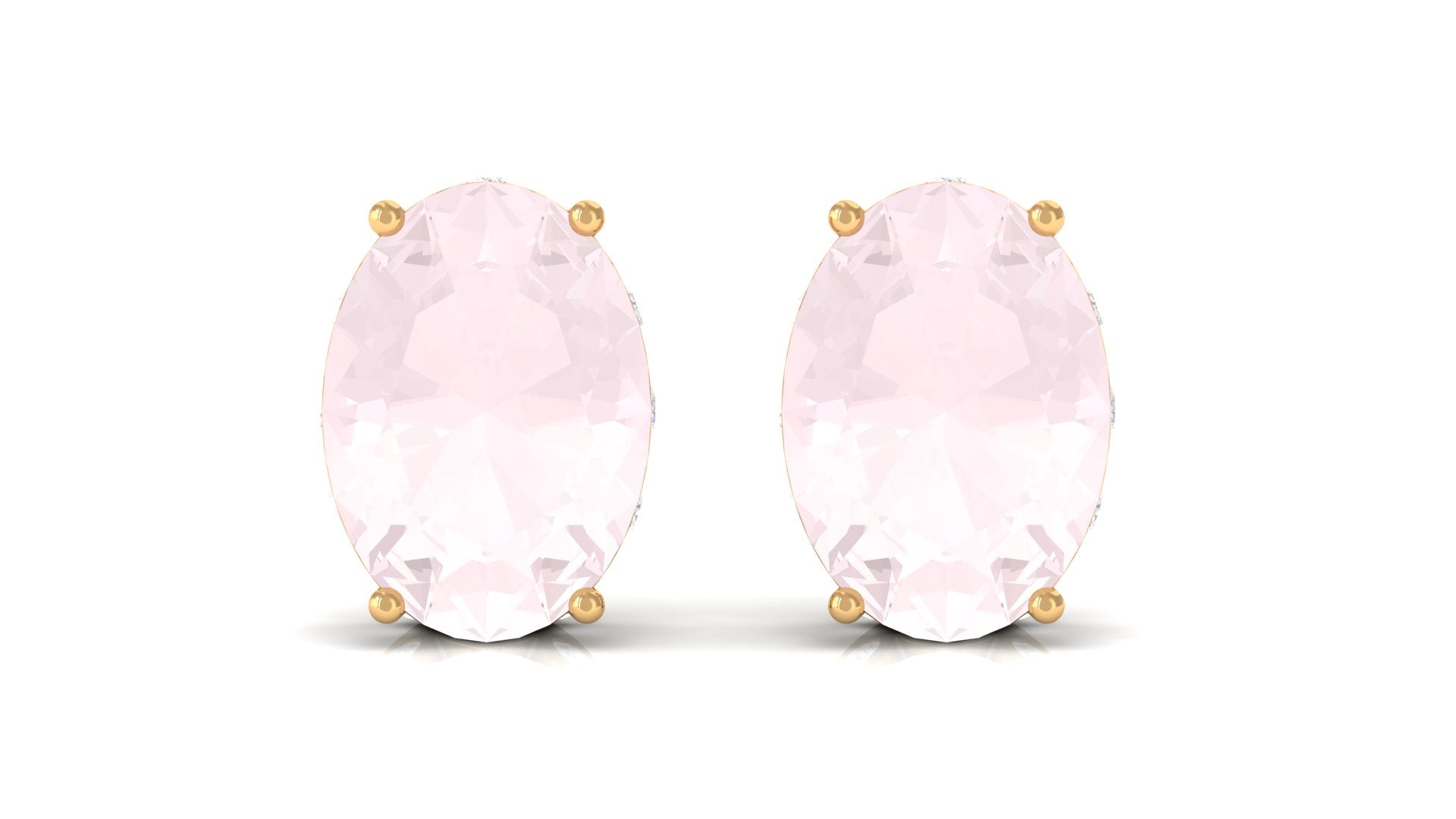 Rose Quartz Oval Stud Earrings with Diamond Rose Quartz - ( AAA ) - Quality - Rosec Jewels
