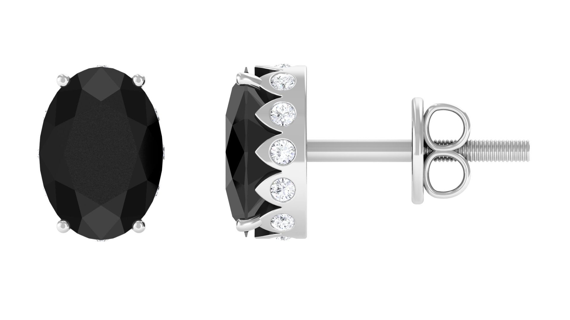 Oval Shape Black Onyx Stud Earrings with Diamond Black Onyx - ( AAA ) - Quality - Rosec Jewels