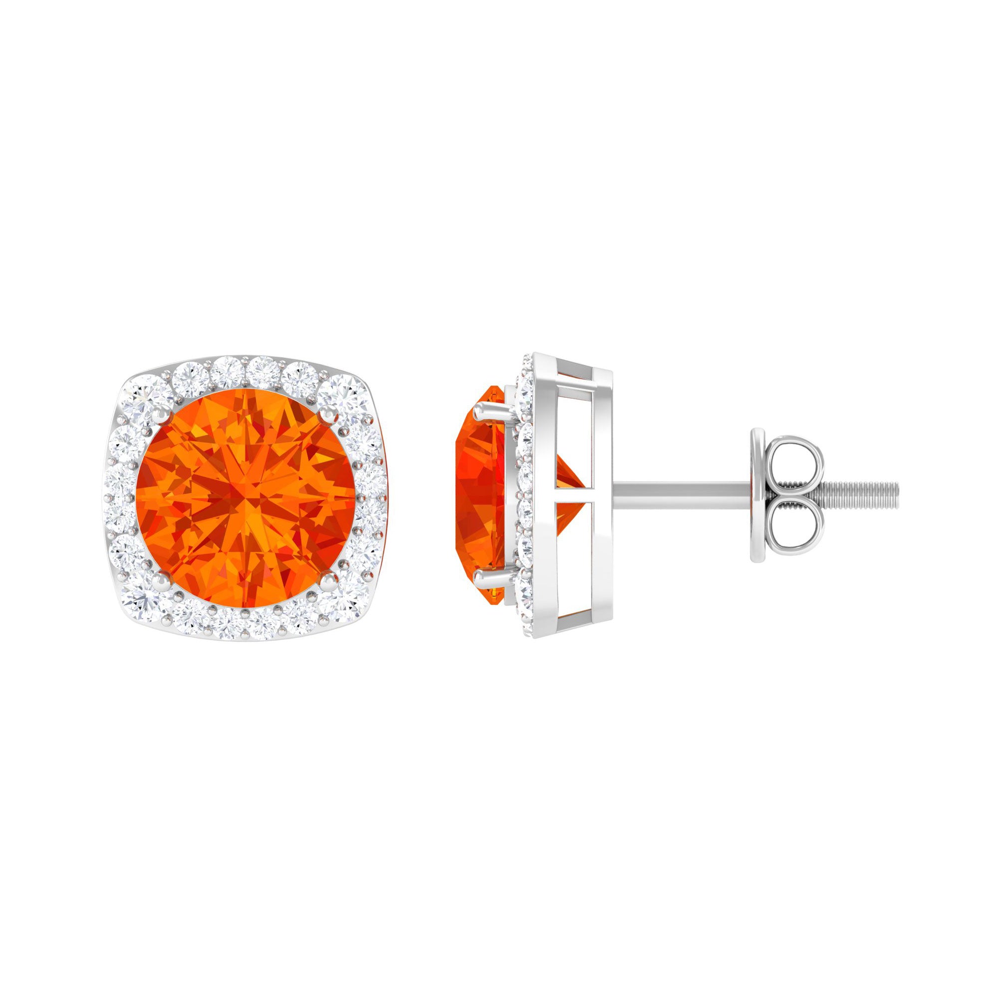 Lab Grown Orange Sapphire and Diamond Halo Stud Earrings Lab Created Orange Sapphire - ( AAAA ) - Quality - Rosec Jewels