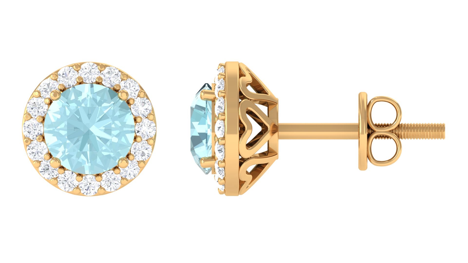 Natural Swiss Blue Topaz and Diamond Halo Stud Earrings Sky Blue Topaz - ( AAA ) - Quality - Rosec Jewels