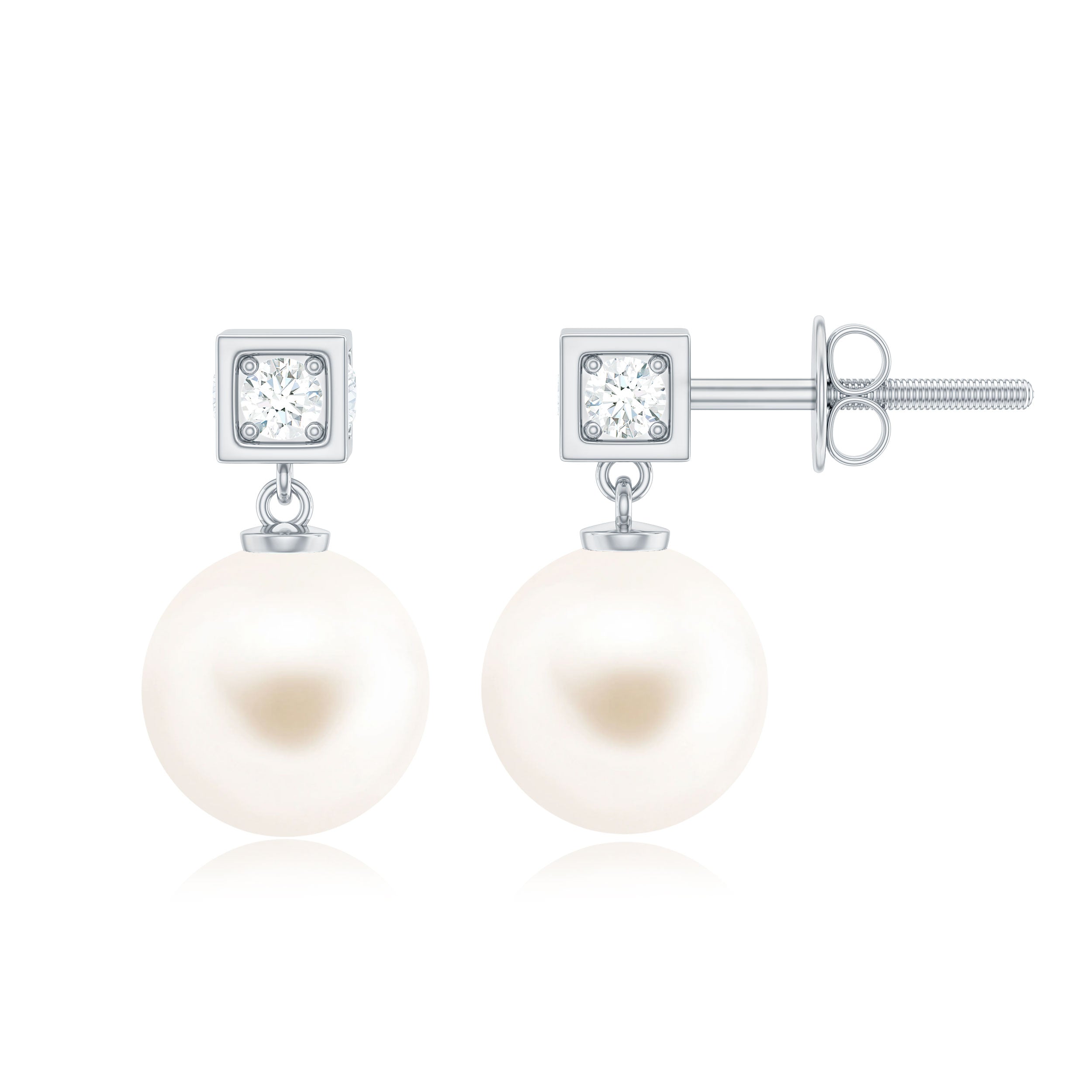 Real Freshwater Pearl Drop with Diamond Stud Earrings Freshwater Pearl - ( AAA ) - Quality - Rosec Jewels