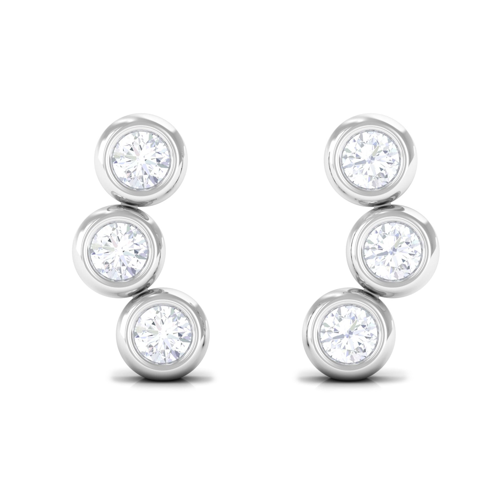 3 Stone Stud Earrings with Round Moissanite Stones in Bezel Setting Moissanite - ( D-VS1 ) - Color and Clarity - Rosec Jewels