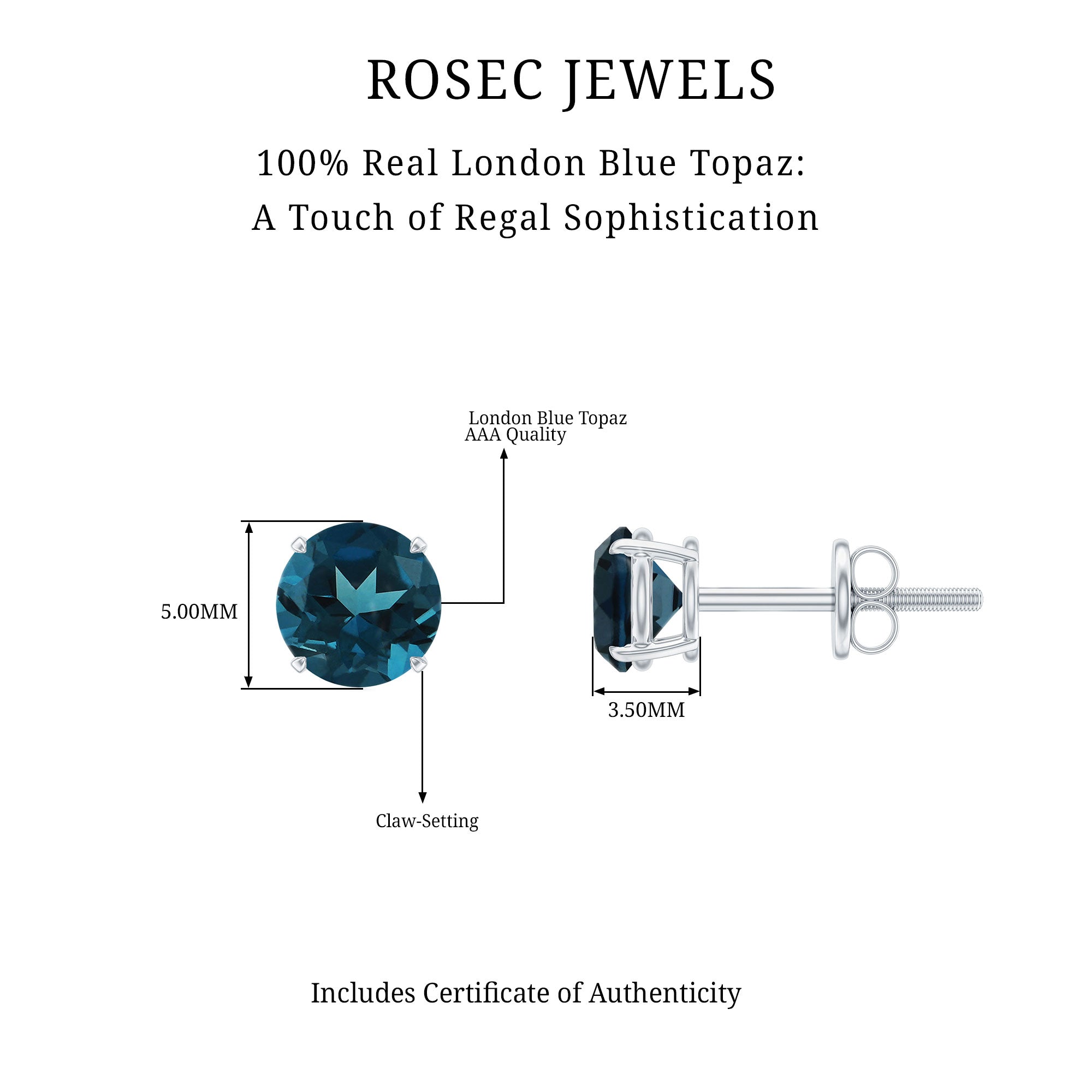 Claw Set Solitaire Stud Earrings with Round London Blue Topaz London Blue Topaz - ( AAA ) - Quality - Rosec Jewels