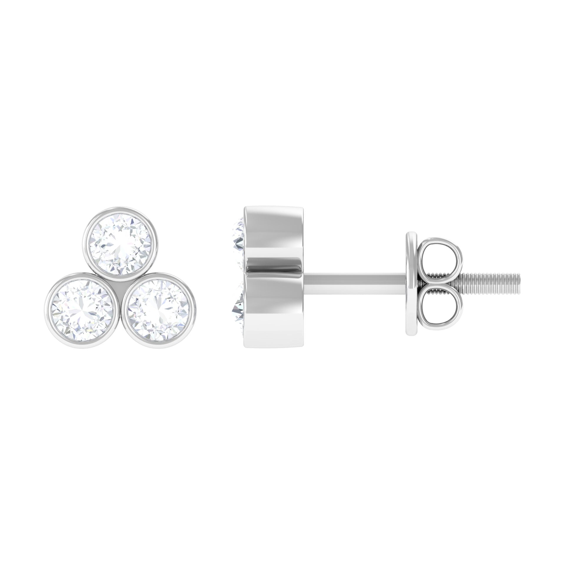 3 Stone Round Moissanite Cluster Stud Earrings in Bezel Setting Moissanite - ( D-VS1 ) - Color and Clarity - Rosec Jewels