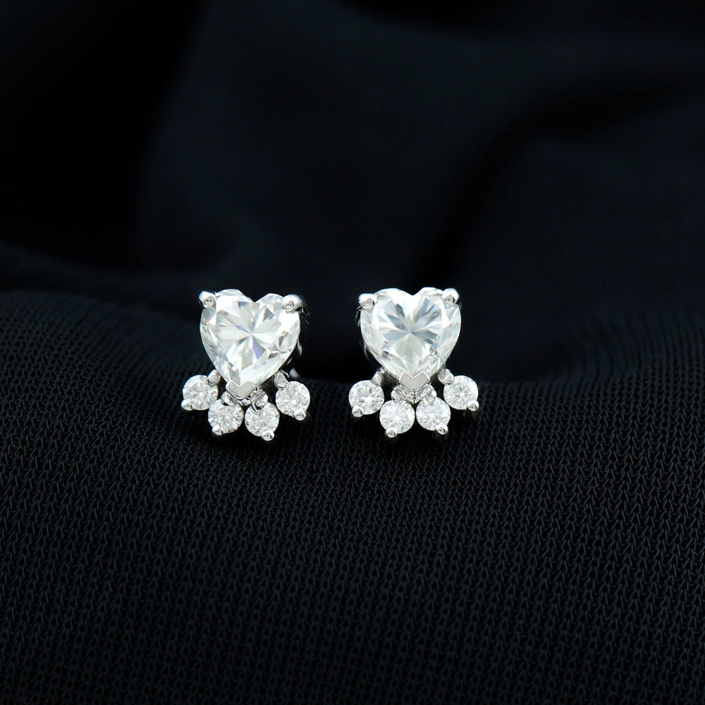Heart and Round Shape Moissanite Paw Stud Earrings Moissanite - ( D-VS1 ) - Color and Clarity - Rosec Jewels