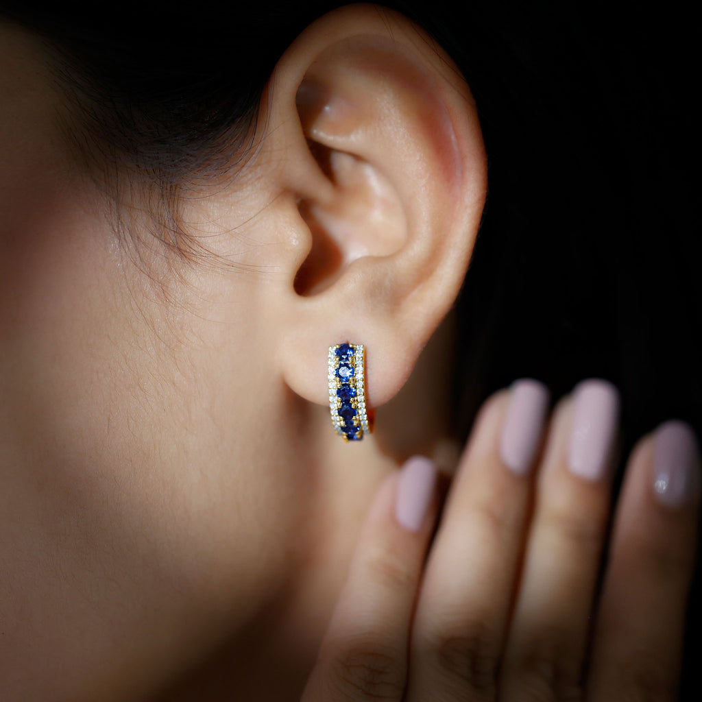 2 CT Created Blue Sapphire and Moissanite J Hoop Earrings Lab Created Blue Sapphire - ( AAAA ) - Quality - Rosec Jewels