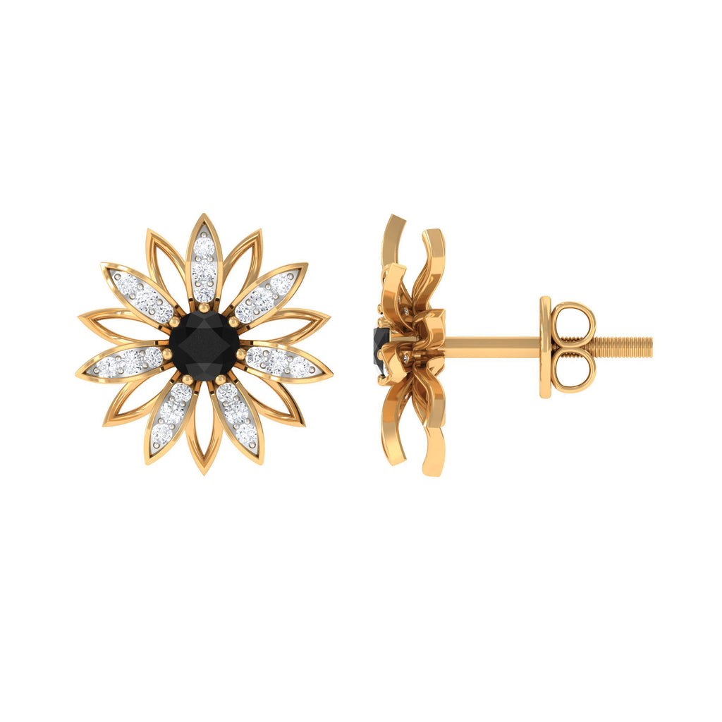 Black and White Diamond Floral Stud Earrings in Prong Setting Black Diamond - ( AAA ) - Quality - Rosec Jewels