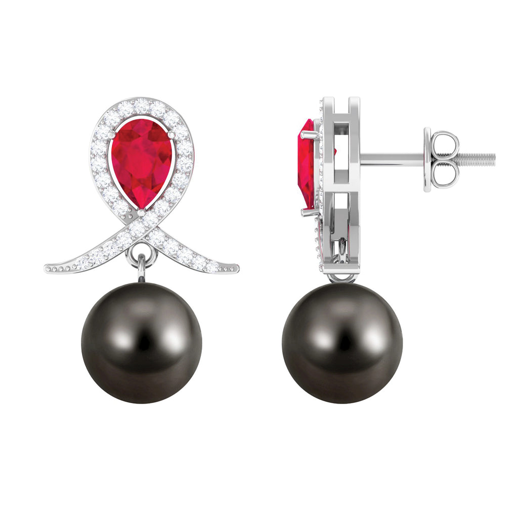 Tahitian Pearl and Created Ruby Drop Earrings with Moissanite Lab Created Ruby - ( AAAA ) - Quality - Rosec Jewels