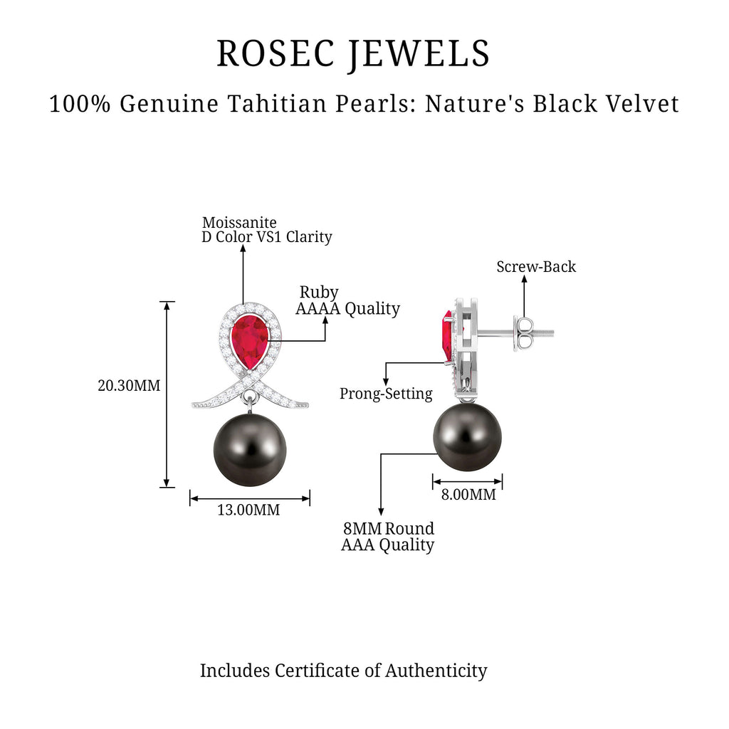 Tahitian Pearl and Created Ruby Drop Earrings with Moissanite Lab Created Ruby - ( AAAA ) - Quality - Rosec Jewels