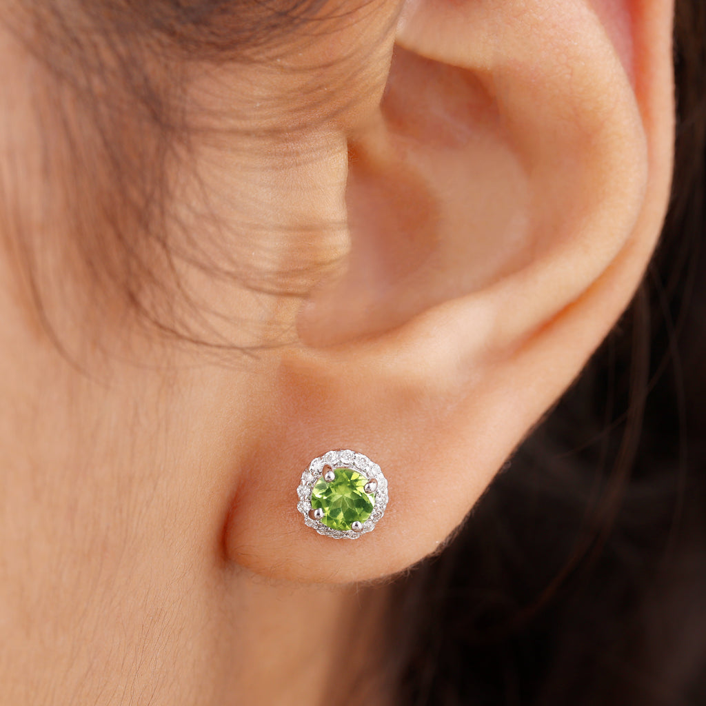1.50 CT Round Peridot and Diamond Halo Stud Earrings Peridot - ( AAA ) - Quality - Rosec Jewels