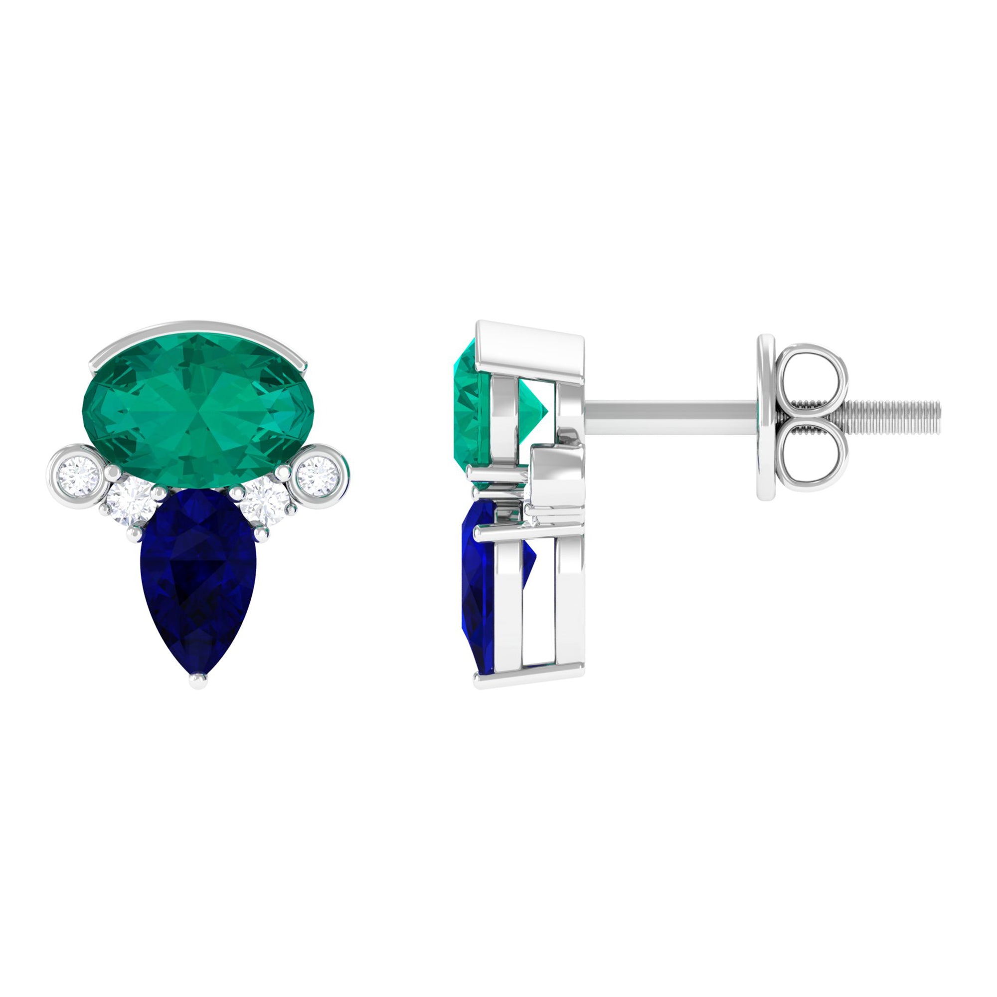 Minimal Cluster Stud Earrings with Multi Gemstones Lab Created Blue Sapphire - ( AAAA ) - Quality - Rosec Jewels