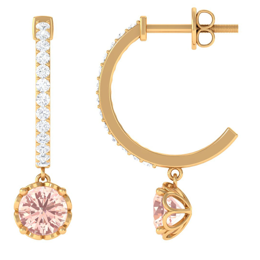 Minimal Round Morganite and Diamond Hoop Drop Earrings Morganite - ( AAA ) - Quality - Rosec Jewels
