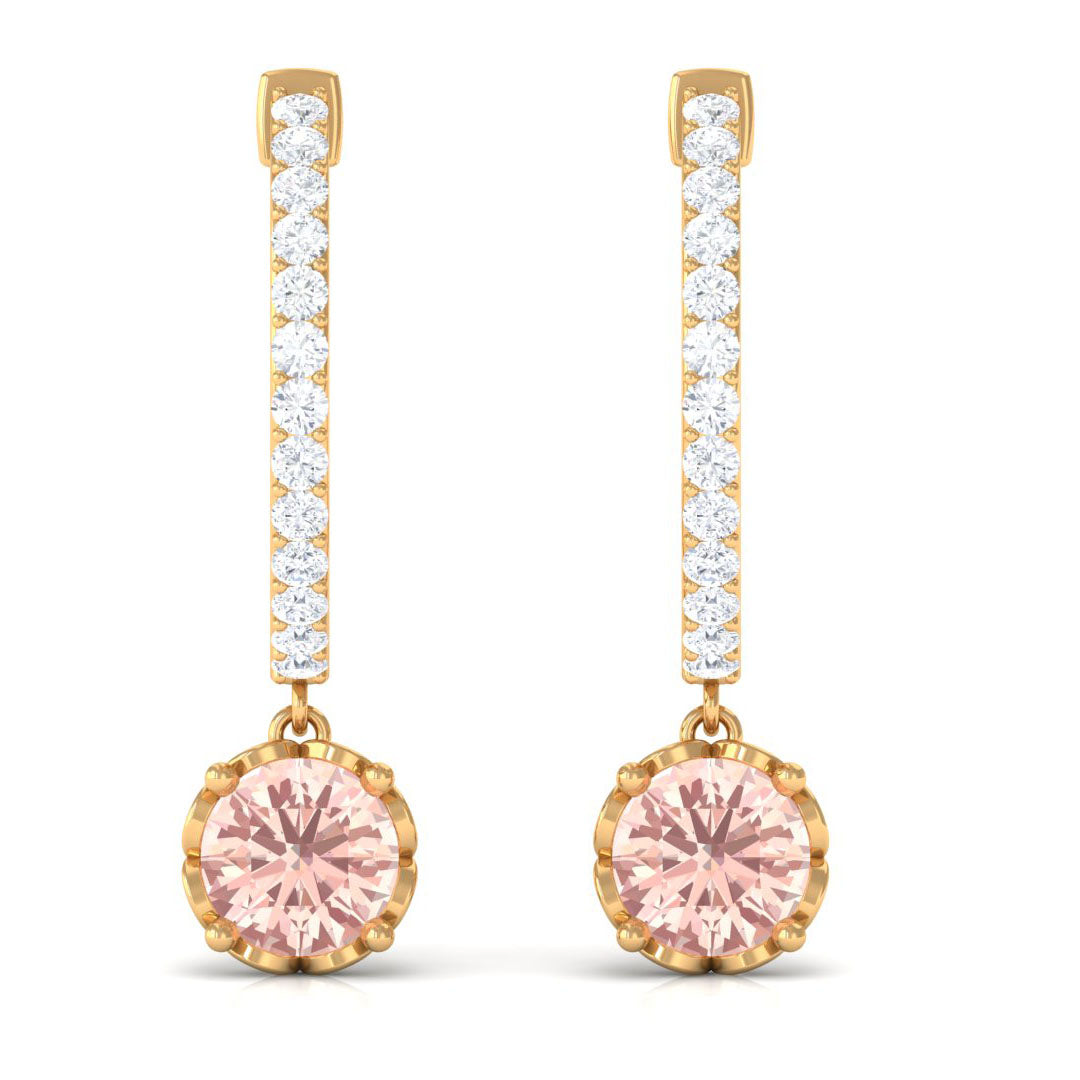 Minimal Round Morganite and Diamond Hoop Drop Earrings Morganite - ( AAA ) - Quality - Rosec Jewels