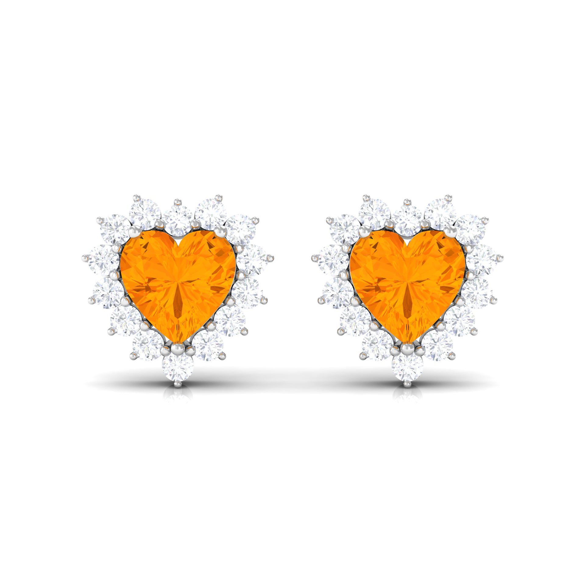 Minimal Heart Shape Fire Opal Halo Stud Earrings with Diamond Fire Opal - ( AAA ) - Quality - Rosec Jewels