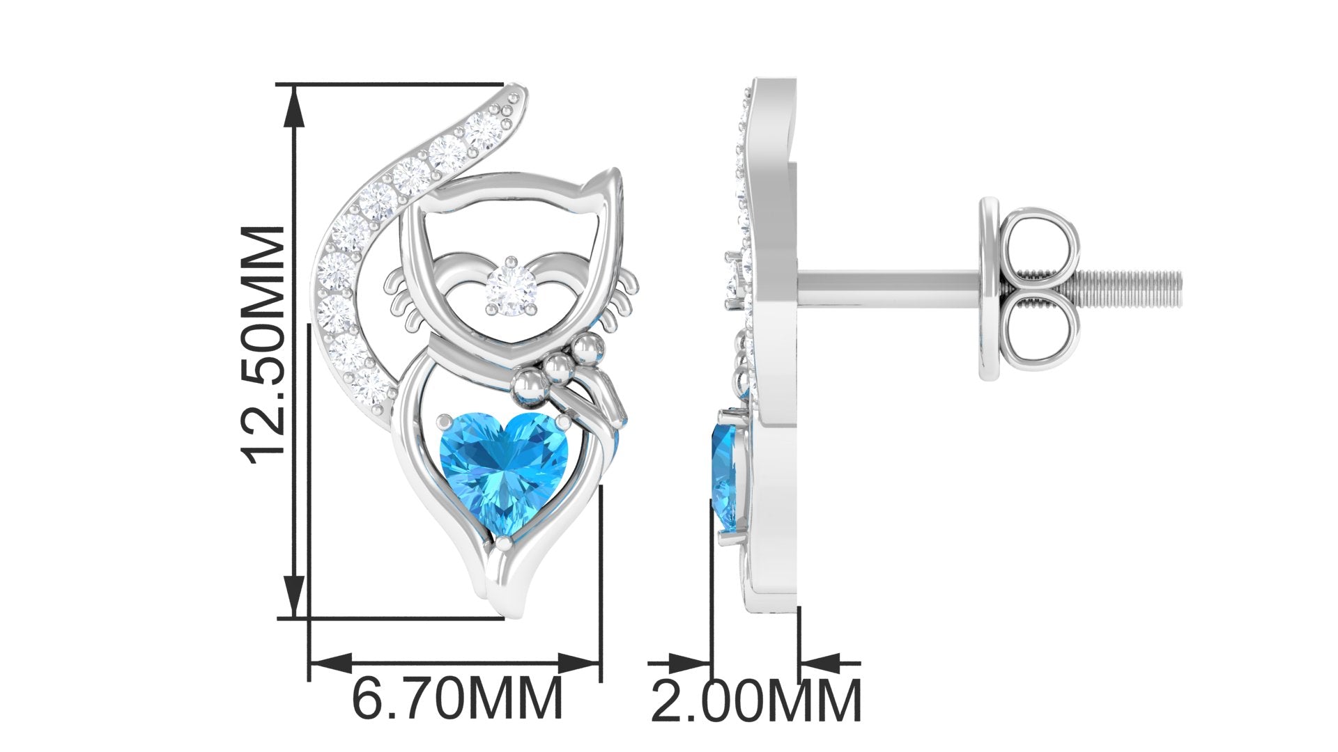 Real Swiss Blue Topaz Cat Earrings with Diamond Swiss Blue Topaz - ( AAA ) - Quality - Rosec Jewels