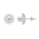 6.25 CT Freshwater Pearl Floral Statement Earrings with Diamond Double Halo Freshwater Pearl - ( AAA ) - Quality - Rosec Jewels