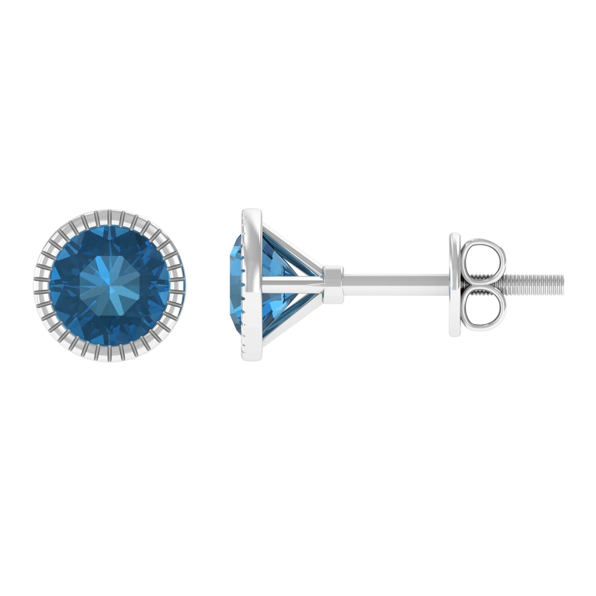 Simple Solitaire Stud Earrings with Round London Blue Topaz in Bezel Setting London Blue Topaz - ( AAA ) - Quality - Rosec Jewels