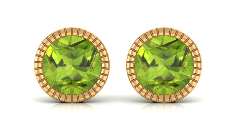 Simple Solitaire Stud Earrings with Round Peridot in Bezel Setting Peridot - ( AAA ) - Quality - Rosec Jewels