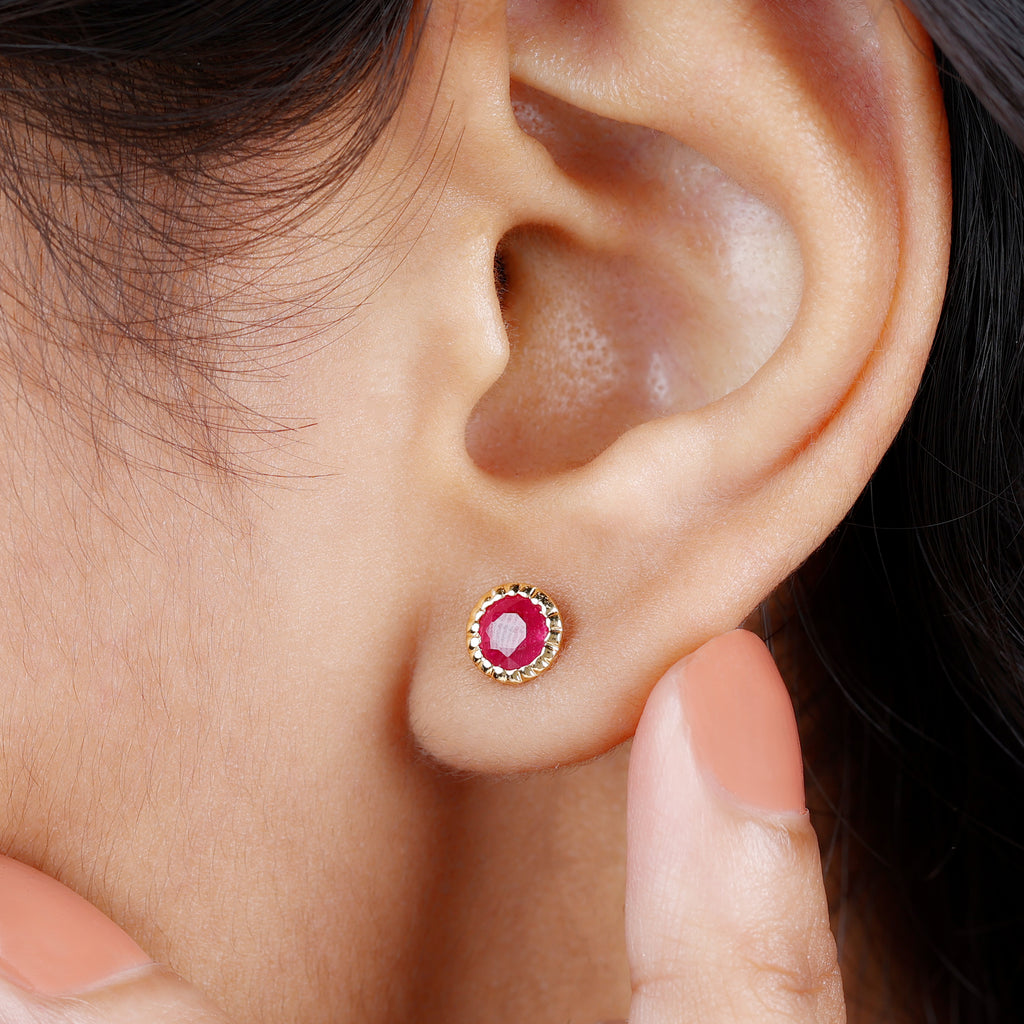 Simple Solitaire Stud Earrings with Round Created Ruby in Bezel Setting Lab Created Ruby - ( AAAA ) - Quality - Rosec Jewels
