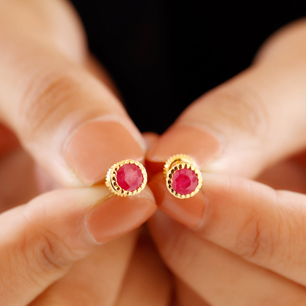 Simple Solitaire Stud Earrings with Round Created Ruby in Bezel Setting Lab Created Ruby - ( AAAA ) - Quality - Rosec Jewels
