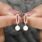 15.50 CT Freshwater Pearl Drop Earrings with Ruby and Moissanite Freshwater Pearl - ( AAA ) - Quality - Rosec Jewels