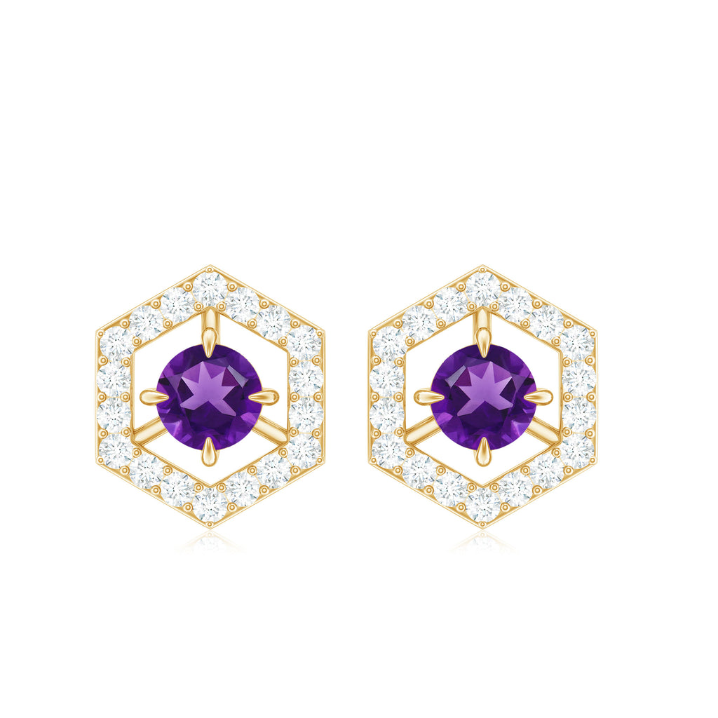 Minimal Amethyst and Diamond Geometric Stud Earrings Amethyst - ( AAA ) - Quality - Rosec Jewels