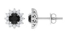 Round Created Black Diamond and Diamond Flower Halo Stud Earrings Lab Created Black Diamond - ( AAAA ) - Quality - Rosec Jewels