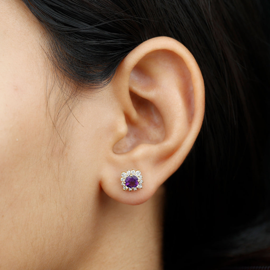 1.5 CT Classic Amethyst Stud Earrings with Diamond Halo Amethyst - ( AAA ) - Quality - Rosec Jewels