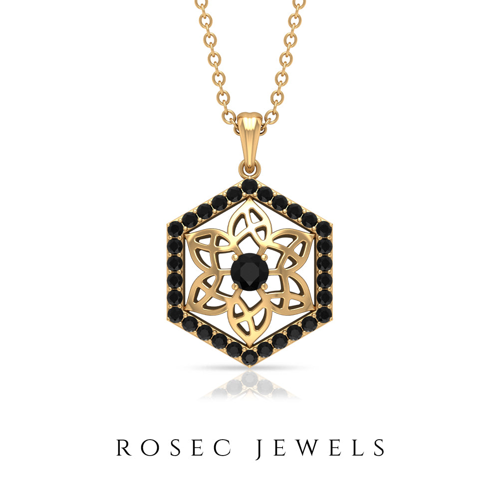 Black Diamond Floral Pendant Necklace in Hexagon Shape Black Diamond - ( AAA ) - Quality - Rosec Jewels
