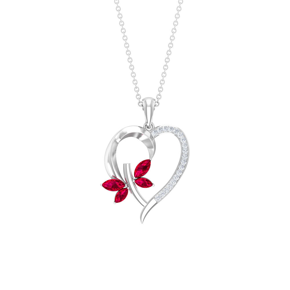 Two Tone Butterfly Heart Pendant with Created Ruby and Diamond