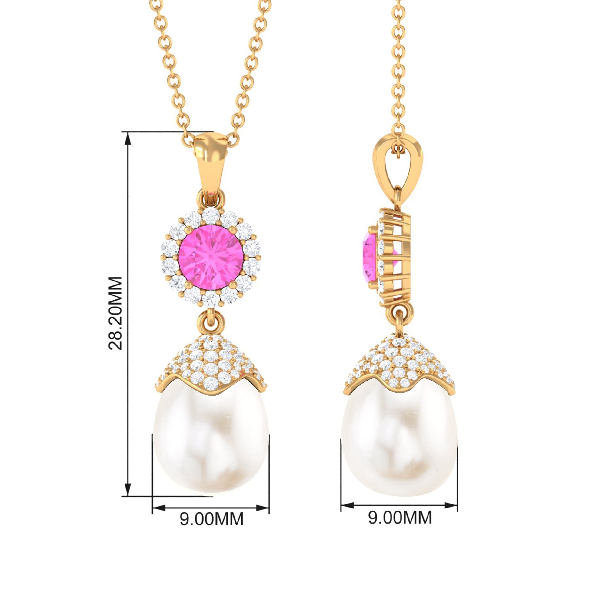 Freshwater Pearl Designer Drop Pendant with Pink Sapphire and Diamond Freshwater Pearl - ( AAA ) - Quality - Rosec Jewels