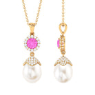 Freshwater Pearl Designer Drop Pendant with Pink Sapphire and Diamond Freshwater Pearl - ( AAA ) - Quality - Rosec Jewels