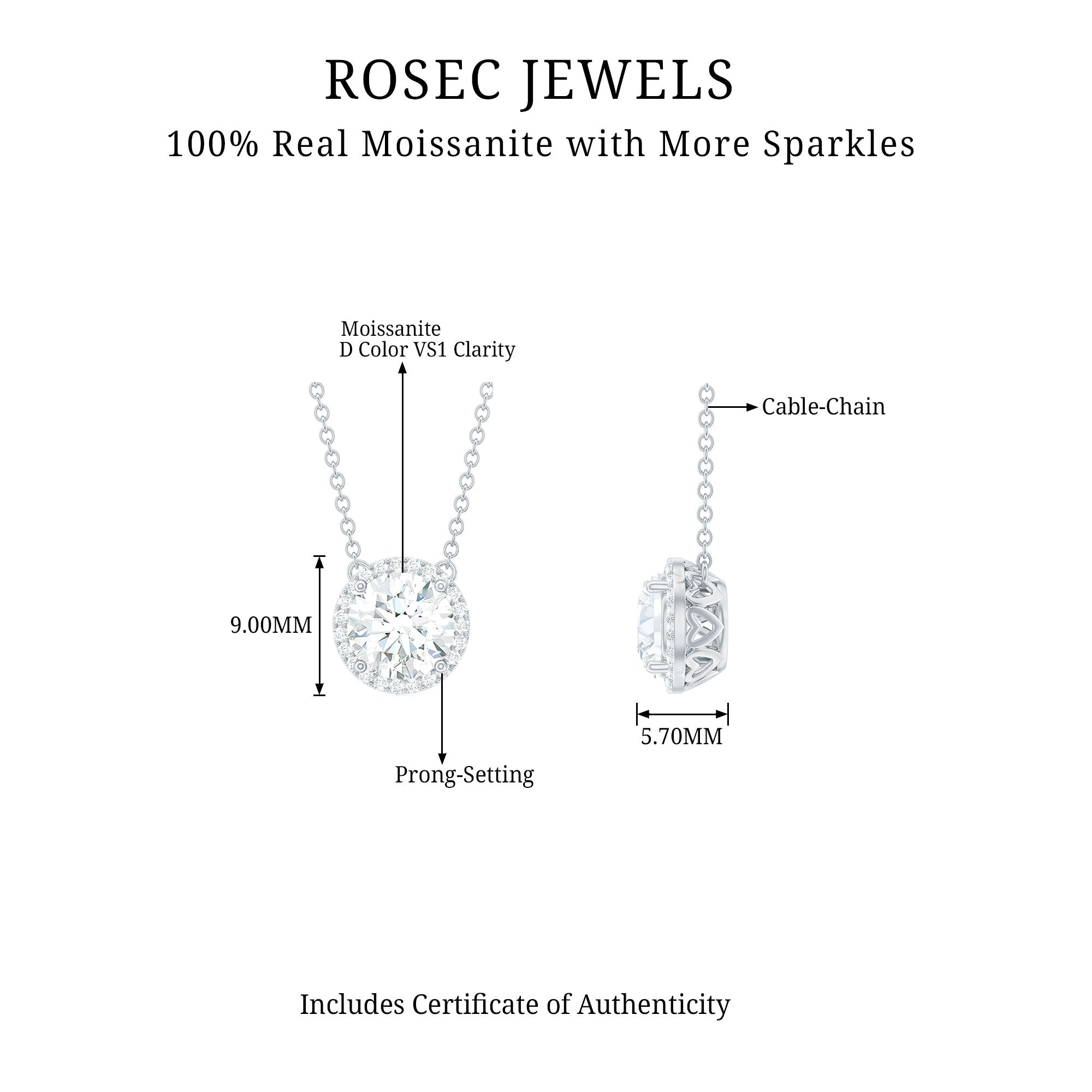 Certified Moissanite Halo Pendant Necklace in Prong Setting Moissanite - ( D-VS1 ) - Color and Clarity - Rosec Jewels