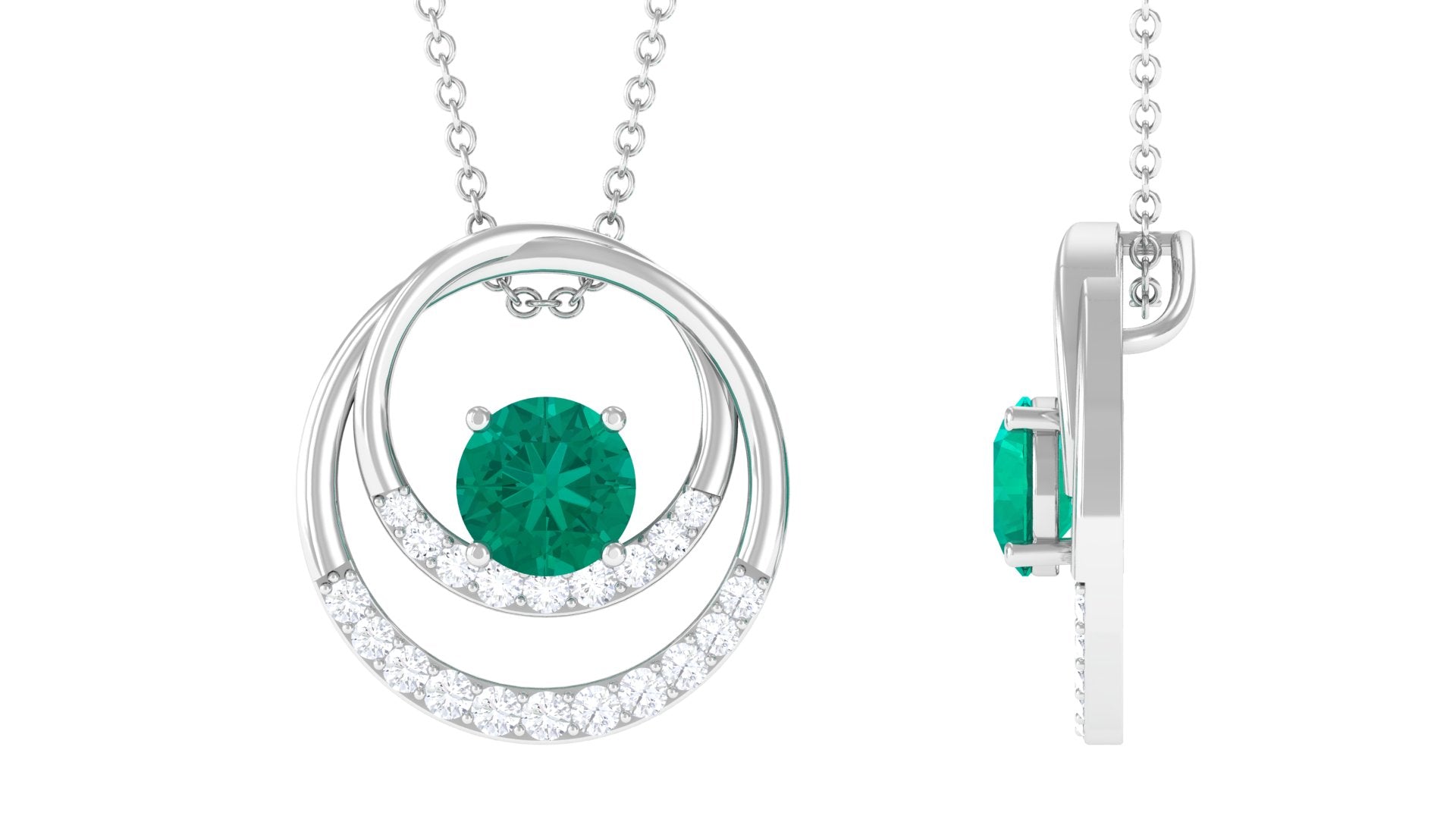 Round Emerald Open Circle Pendant Necklace with Diamond Emerald - ( AAA ) - Quality - Rosec Jewels