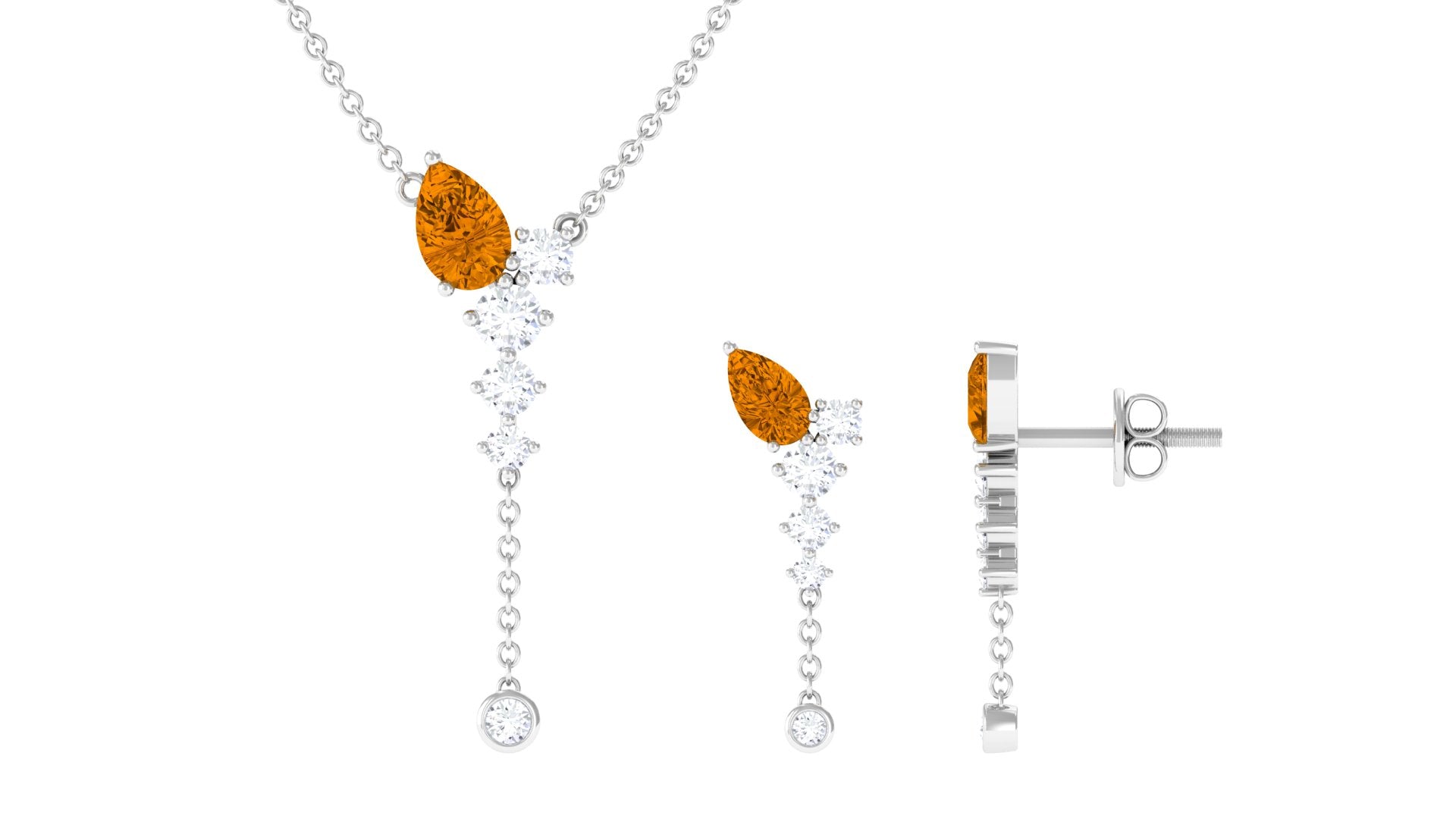 Minimal Citrine Dangle Necklace and Earrings Set in Gold with Moissanite Citrine - ( AAA ) - Quality - Rosec Jewels